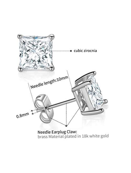 5 Pairs 18K White Gold Plated Princess Cut Clear Cubic Zirconia Stud Earring Pack