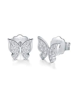 925 Sterling Silver Stud Earrings, BoRuo Cubic Zirconia Butterfly Earrings