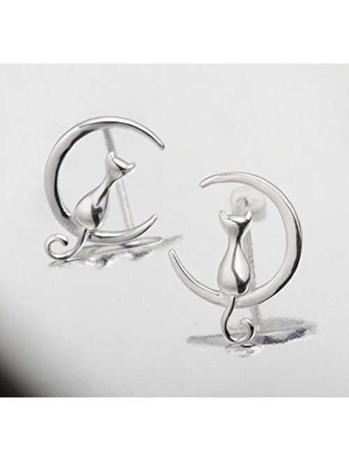 S.Leaf Sterling Silver Earrings Cat Moon Earrings Cat Lovers Gift for Women