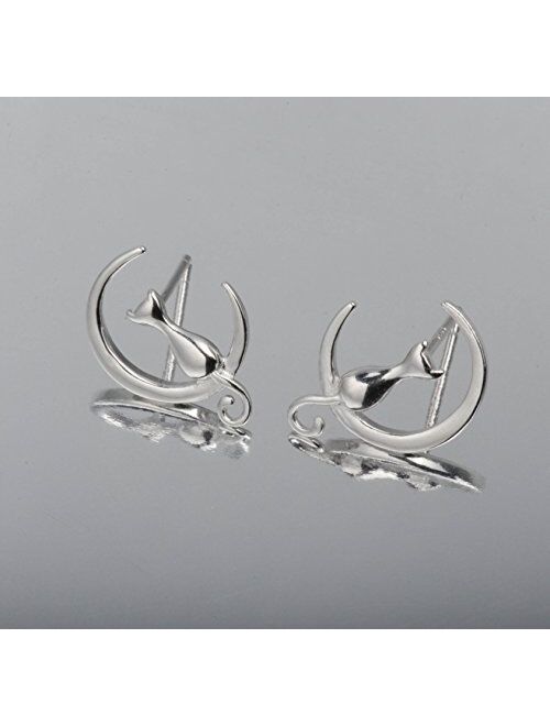 S.Leaf Sterling Silver Earrings Cat Moon Earrings Cat Lovers Gift for Women