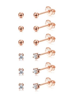 Sllaiss 6 Pairs Sterling Silver Tiny Ball Stud Earrings for Women Girls Round CZ Earrings Set