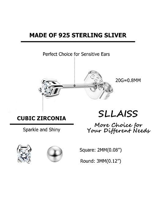 Sllaiss 6 Pairs Sterling Silver Tiny Ball Stud Earrings for Women Girls Round CZ Earrings Set