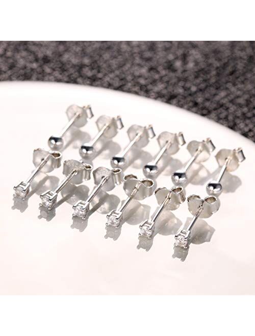 Sllaiss 6 Pairs Sterling Silver Tiny Ball Stud Earrings for Women Girls Round CZ Earrings Set