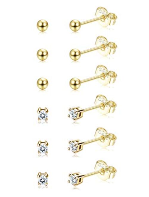 Sllaiss 6 Pairs Sterling Silver Tiny Ball Stud Earrings for Women Girls Round CZ Earrings Set