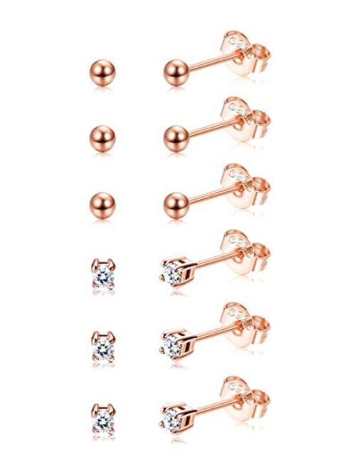 Sllaiss 6 Pairs Sterling Silver Tiny Ball Stud Earrings for Women Girls Round CZ Earrings Set