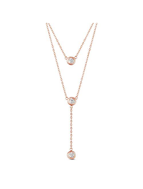 SHEGRACE 925 Sterling Silver Double Layered Necklace, with Three Round AAA Zircon Pendant 16"~17.3"