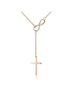 Infinity Cross Pendant Y Necklace Lariat Style | .925 Sterling Silver | 3 Finishes Available