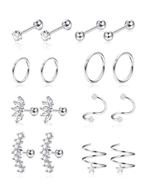 Jstyle 8Pairs Stainless Steel Helix Cartilage Tragus Stud Earring Hoops for Women Grils CZ Barbell Piercing Earrings Stud Body Piercing Jewelry 16-18G