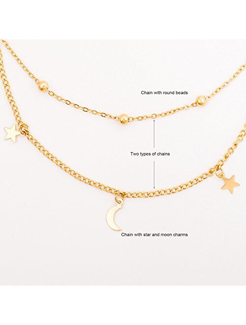 BaubleStar Star Moon Charm Necklace Layering Chain Choker for Women Girls