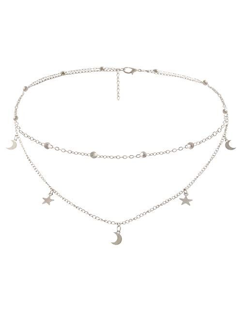 BaubleStar Star Moon Charm Necklace Layering Chain Choker for Women Girls