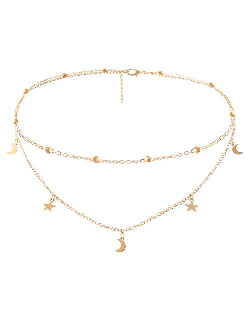 BaubleStar Star Moon Charm Necklace Layering Chain Choker for Women Girls