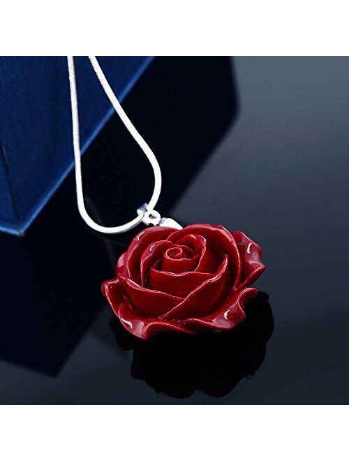 Gem Stone King 35mm Red Simulated Coral Carved Rose Flower Pendant with 16inches+2inches Extender Chain