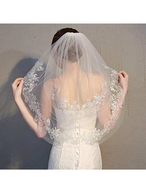 Brinote Lace Appliqued Bride Wedding Veil with Comb 2-Tier Long Waist Length Bridal Veils Soft Tulle Hair Accessories for Brides