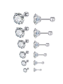 Lateefah 6 Pairs Stainless Steel Earrings Studs Hypoallergenic Piercing Cubic Zirconia Stud Earring for Women & Girls