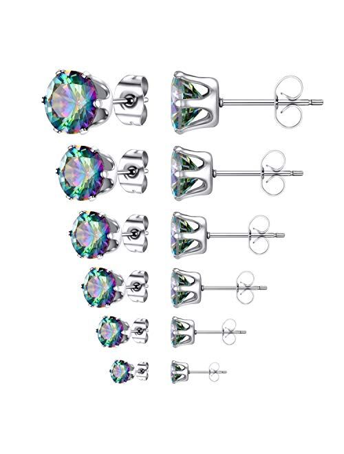 Lateefah 6 Pairs Stainless Steel Earrings Studs Hypoallergenic Piercing Cubic Zirconia Stud Earring for Women & Girls