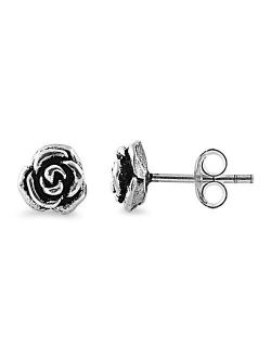 Sterling Silver Rose Flower Stud Earrings - 7mm