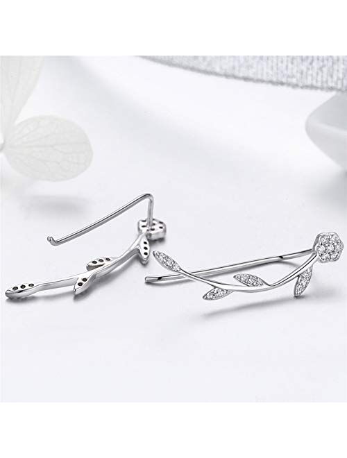 BAMOER Ear Crawler Earrings 925 Sterling Silver Clip on Earrings Antique Black Daisy Flowers Crawler Earrings for Women Teen Girls Christmas Day Gifts