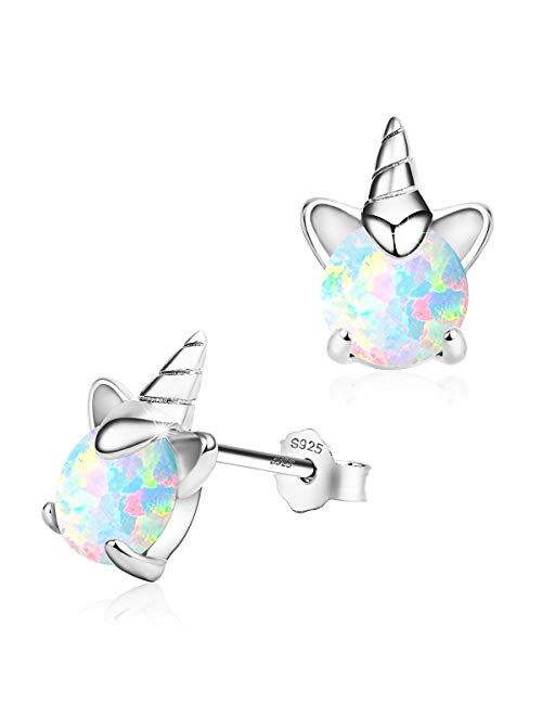 Unicorn Earrings for Girls, Hypoallergenic Fire Opal Stud Earrings ARSKRO S925 Sterling Silver with Gold Mini Tiny Cute Earring Jewelry Gifts for Kids Women