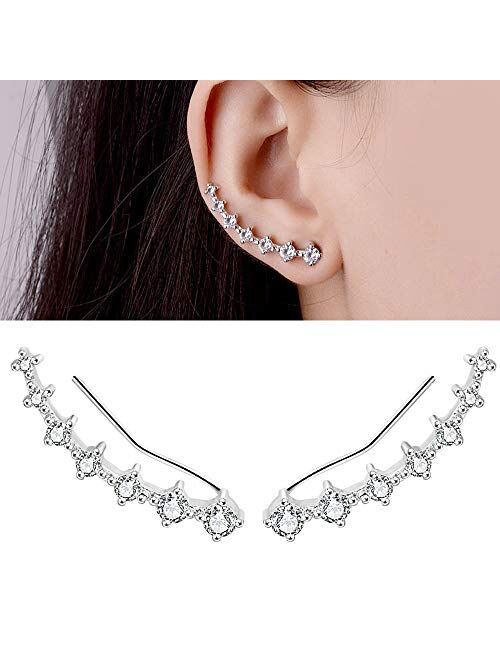 7 Crystals Ear Cuffs Stud Climbers Earrings S925 Sterling Silver Hypoallergenic Arete