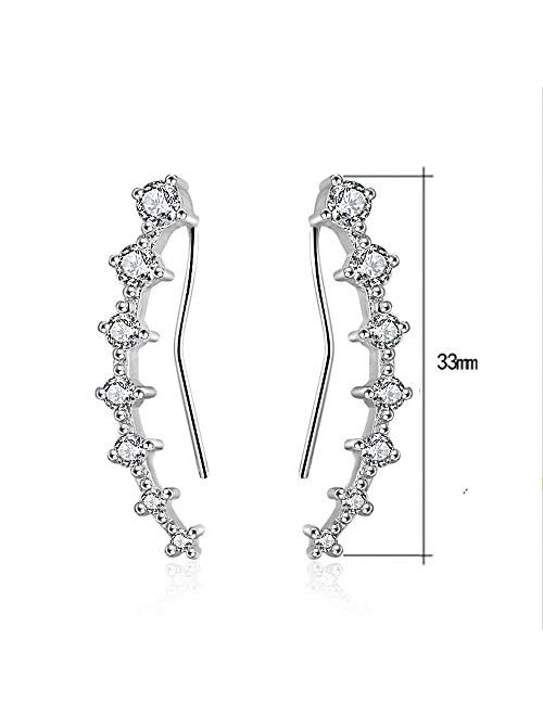 7 Crystals Ear Cuffs Stud Climbers Earrings S925 Sterling Silver Hypoallergenic Arete