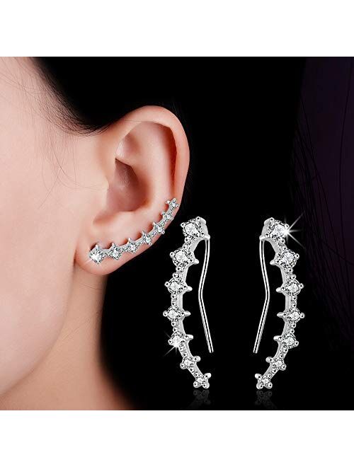 7 Crystals Ear Cuffs Stud Climbers Earrings S925 Sterling Silver Hypoallergenic Arete