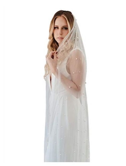 SWEETV 1 Tier Pearl Wedding Bridal Veil with Comb-Cut Edge Long Chapel Length