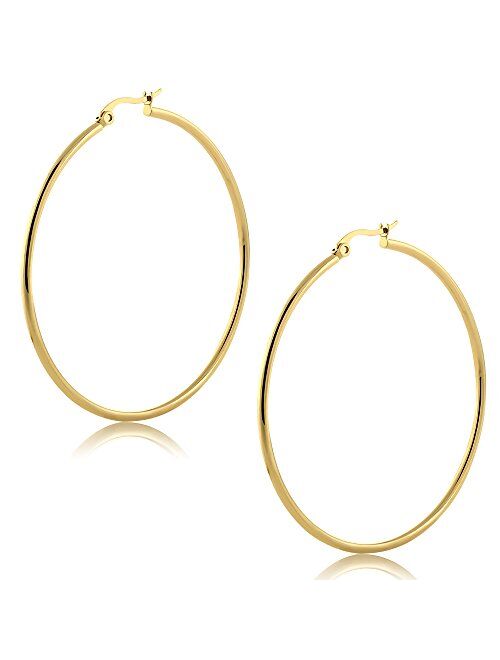 Gem Stone King 2inches Stunning Stainless Steel Yellow Gold Plated Hoop Earrings (50mm Diameter)