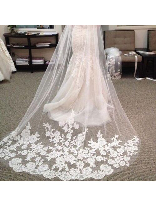 Wedding Accessories Appliques Tulle Long Wedding Lace Edge Bridal Veil with Comb