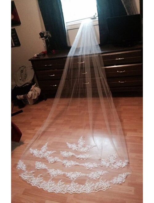 Wedding Accessories Appliques Tulle Long Wedding Lace Edge Bridal Veil with Comb