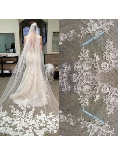 Wedding Accessories Appliques Tulle Long Wedding Lace Edge Bridal Veil with Comb