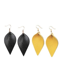 Genuine Leather Earrings Set Teardrop Petal Leaf Leather Dangle Earrings Leather Feather Drop Earring for Women Girls, S/M/L