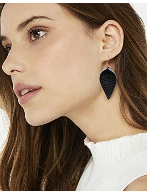 Genuine Leather Earrings Set Teardrop Petal Leaf Leather Dangle Earrings Leather Feather Drop Earring for Women Girls, S/M/L