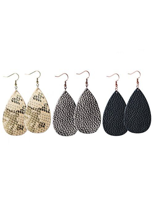 Genuine Leather Earrings Set Teardrop Petal Leaf Leather Dangle Earrings Leather Feather Drop Earring for Women Girls, S/M/L