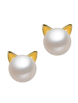 ANBALA Cat Stud Earrings Sterling Silver Ear Studs Freshwater Cultured Pearl Stud Earrings for Women