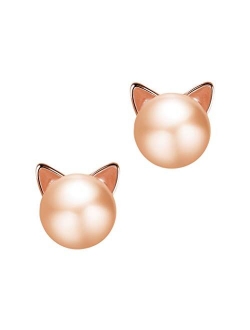 ANBALA Cat Stud Earrings Sterling Silver Ear Studs Freshwater Cultured Pearl Stud Earrings for Women