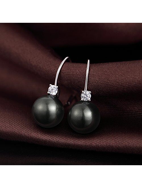 ZowBinBin 925 Sterling Silver 10mm Pearl Earrings, Beautiful Black Pearl Earrings, White Pearl Dangle Earrings Hypoallergenic Drop Pearl Earrings