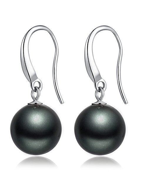 ZowBinBin 925 Sterling Silver 10mm Pearl Earrings, Beautiful Black Pearl Earrings, White Pearl Dangle Earrings Hypoallergenic Drop Pearl Earrings