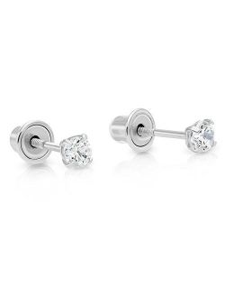 14k White Gold Solitaire Cubic Zirconia CZ Stud Earrings with Secure Screw-backs