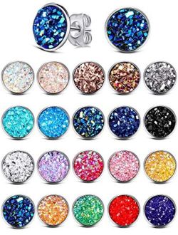 20 Pairs Round Stud Earrings Stainless Steel Druzy Studs Earrings Set Anti-sensitive Fits Women Girls