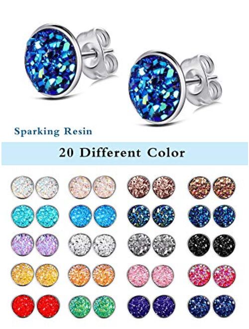 20 Pairs Round Stud Earrings Stainless Steel Druzy Studs Earrings Set Anti-sensitive Fits Women Girls