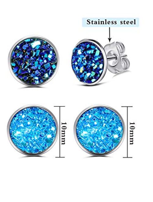 20 Pairs Round Stud Earrings Stainless Steel Druzy Studs Earrings Set Anti-sensitive Fits Women Girls