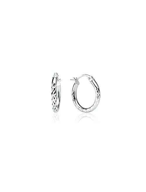 Sterling Silver High Polished Round Diamond-cut Textured Click-Top 2mm Hoop Earrings