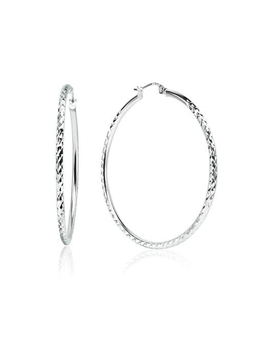 Sterling Silver High Polished Round Diamond-cut Textured Click-Top 2mm Hoop Earrings