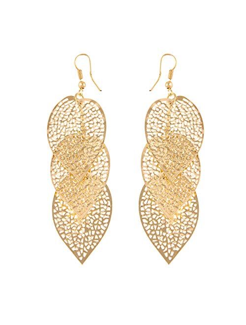 Afco Colorful Leaf Pendant Drop Hook Earrings Metal Hollow Statement Dangle Fashion Jewelry