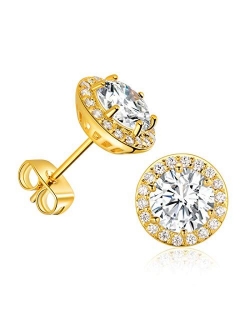 Gold Plated Cubic Zirconia Stud Earrings, with Large 7mm and 18pcs Small Bright CZ Stone Earrings