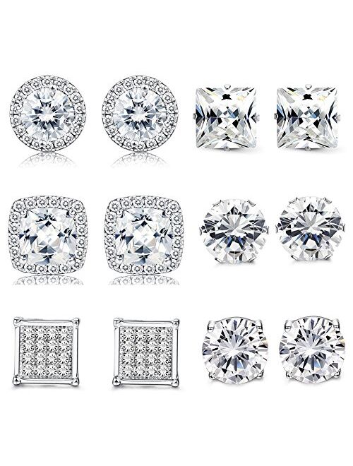 Thunaraz 1-6 Pairs Halo Stud Earrings 18K White Gold Plated Round Square Brillant Cut Earrings with Gift Box