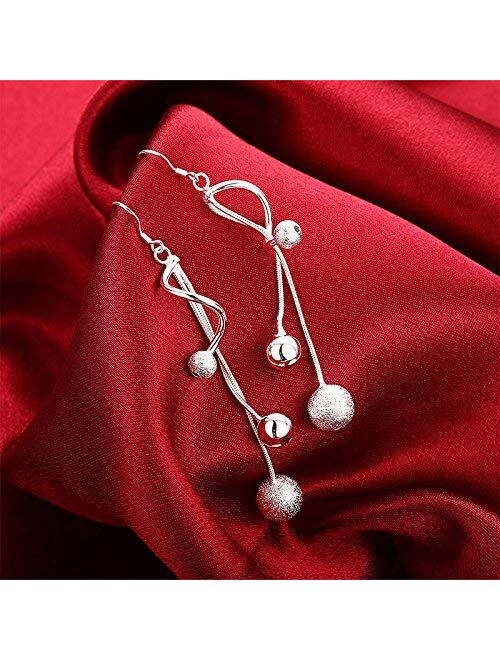 Comelyjewel 1pair Silver Earring Jewellery Woman Bohemian Style Sparkling Beads Long Pendant Ear Studs Dangle Lady Earring Lady Dress Accessories Love Gift Durable and Us