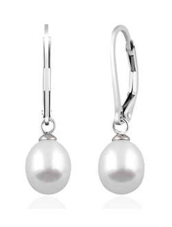 Splendid Pearls 925 Sterling Silver 8mm Genuine Pearls Freshwater Cultured Lever-back Dangle Earrings for Women