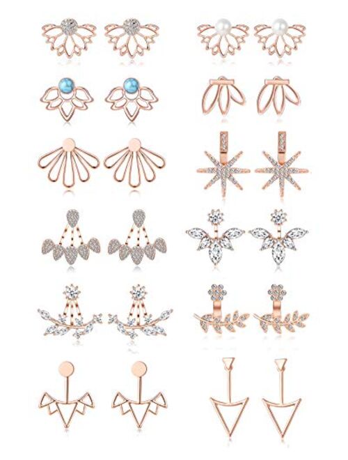 Tornito 6-12 Pairs Lotus Flower Earring Studs Chic CZ Earrings Jackets For Women Silver Rose Gold Tone