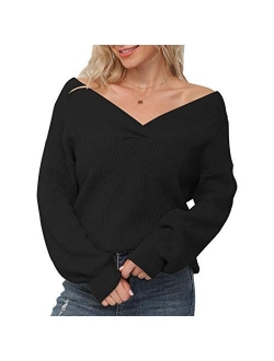 Feiersi Women's Off Shoulder Sweater V-Neck Long Sleeve Loose Pullover Knit Jumper